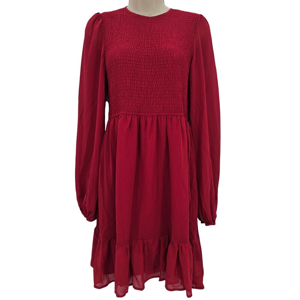 Cupshe Womans size M Burgundy Smoked Bodice Ruffle Long Sleeve Mini Dress NEW